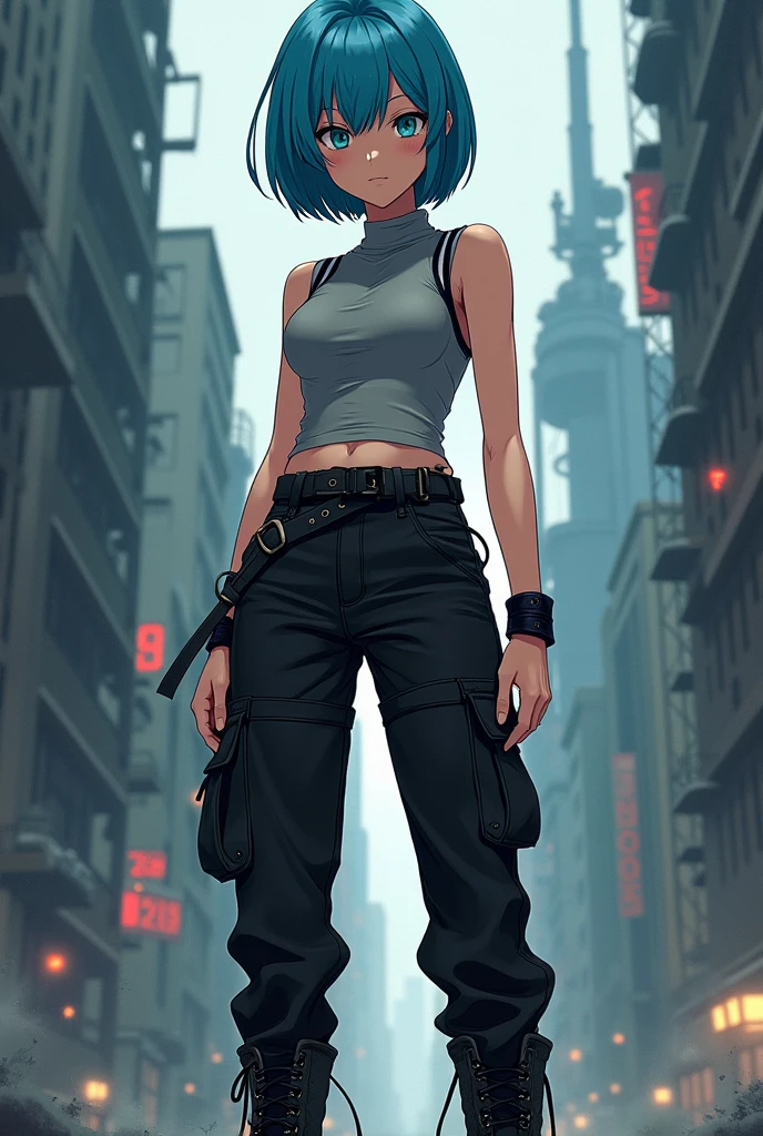 a girl wears black scarf, sleeveless gray turtleneck with black stripe at the end of shoulders, black belt, black jogger cargo pants, black combat boots. She has blue short hair, her bangs is covered her left eye, teal color eyes. in anime art style
