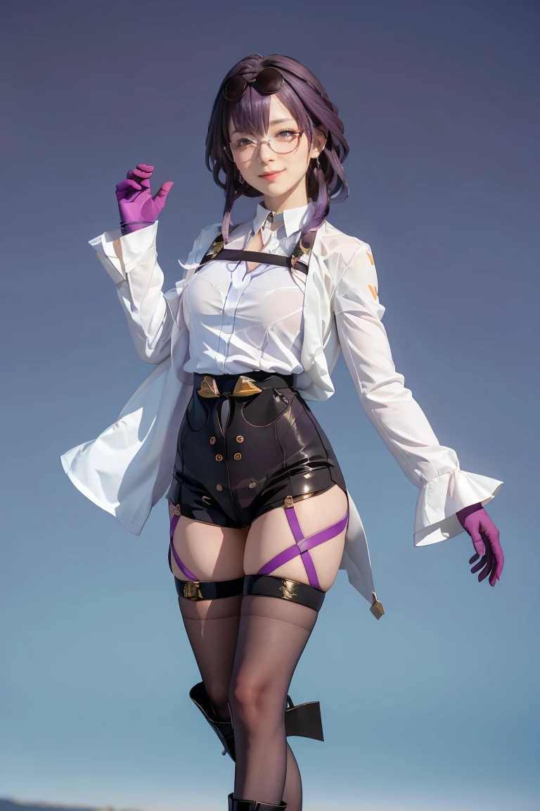 Masterpiece, best quality, 1 girl, Kafka V4, shirt, white shirt, shirtแจ็กเกต, purple hair, long sleeve, glasses on head, sunglasses, boots, glove, tights, cowboy shoot, stand, Gradient background, spaceship, gag, smile, look at viewer, 