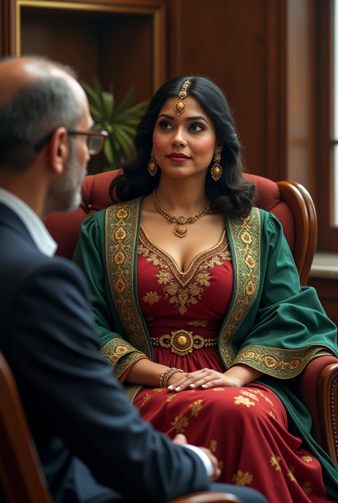  Wearing full body  Academic regalia  wealthy sri lankan average beautiful girl(big  large breasts and butt) sit in chair with sri lankan wealthy age 35 young spec's man (software,electrical,garments companies owner)