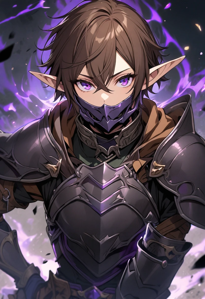 Elf, Brown Hair, Purple Eyes, Wearing Armor on the body, Wearing a Mask, boy