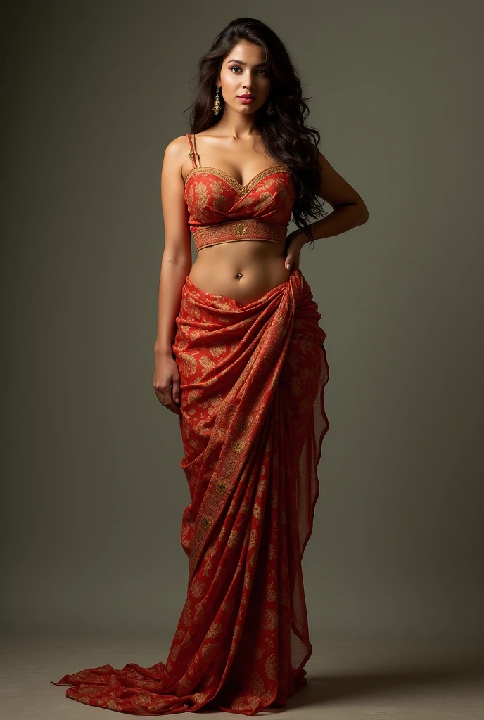 A Bangladeshi brunette woman with sexy curvy figure and big breasts stand with her legs stretched out, in saree taking a realistic photo