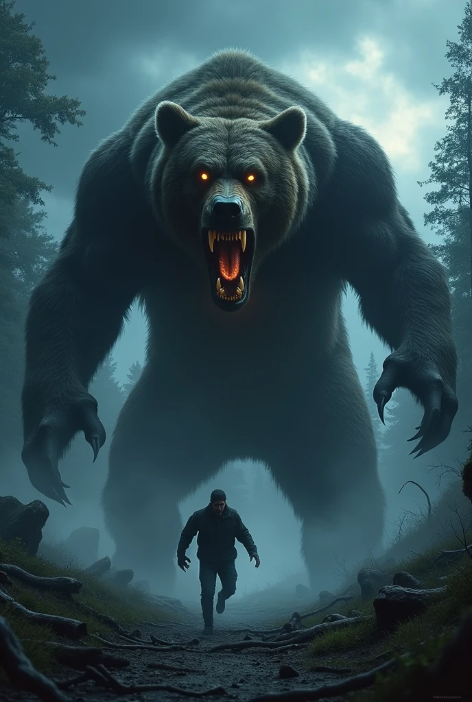 Angry、Bear、monster、night，Super huge、人がBearから逃げている
