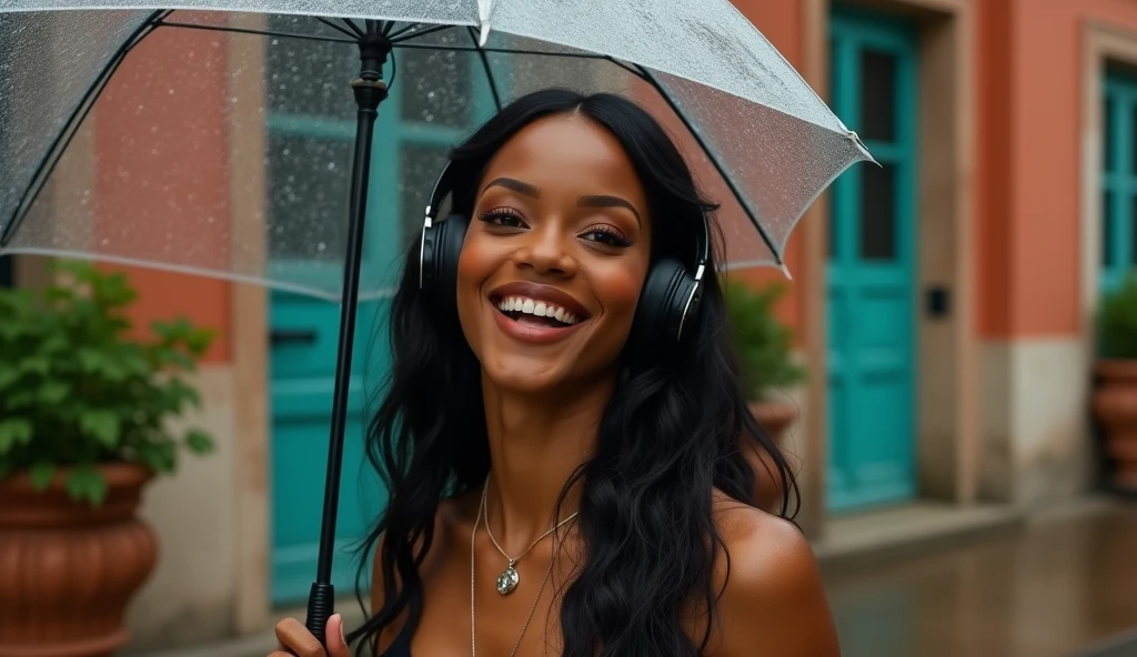High dynamic range HDR photography of a 30-year-old Rihanna look alike woman with smooth, golden-brown skin and dark, long black hair ,huge , she has a headphone on her head and is enjoying the music. Holding up an umbrella in the rain.her bright brown eyes sparkling with warmth, her full lips curled into a gentle smile, wearing a black dress, with hints of warm terracotta and cool turquoise in the architecture, and lush greenery spilling from ornate planters, the camera capturing the scene with remarkable depth and detail, from the wisps of hair framing her face to the delicate textures of the stucco walls, the overall mood evoking a sense of joy, vitality, and cultural pride.