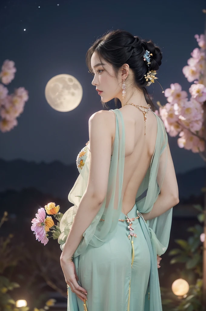 (((best quality))),(((ultra detailed))),(((masterpiece))),illustration,((1 beautiful girl,solo)),(neat chignon:1.2),((earrings,crystal necklace)),((slim,thin)),((bare back,towering hips,butt crack)),(stockings:1.3),(a moon in the clear night sky as the background:1.3), gentle glow,(Standing in the world full of vibrant flowers:1.3),(gorgeous sheer hanfu:1.3),sparkling eyes,graceful,(surrounded by crowded colorful flowers:1.5), kaleidoscope, shimmer,bright moonlight, delicate petals, fragrance, otherworldly, magical realm, enchantment, tranquility, essence of beauty, peace,(outdoor:1.),(night scene:1.3),((from back,upper body))