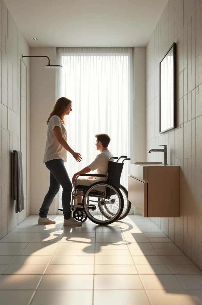 Disabled person in a bathroom drawn by an architecture student