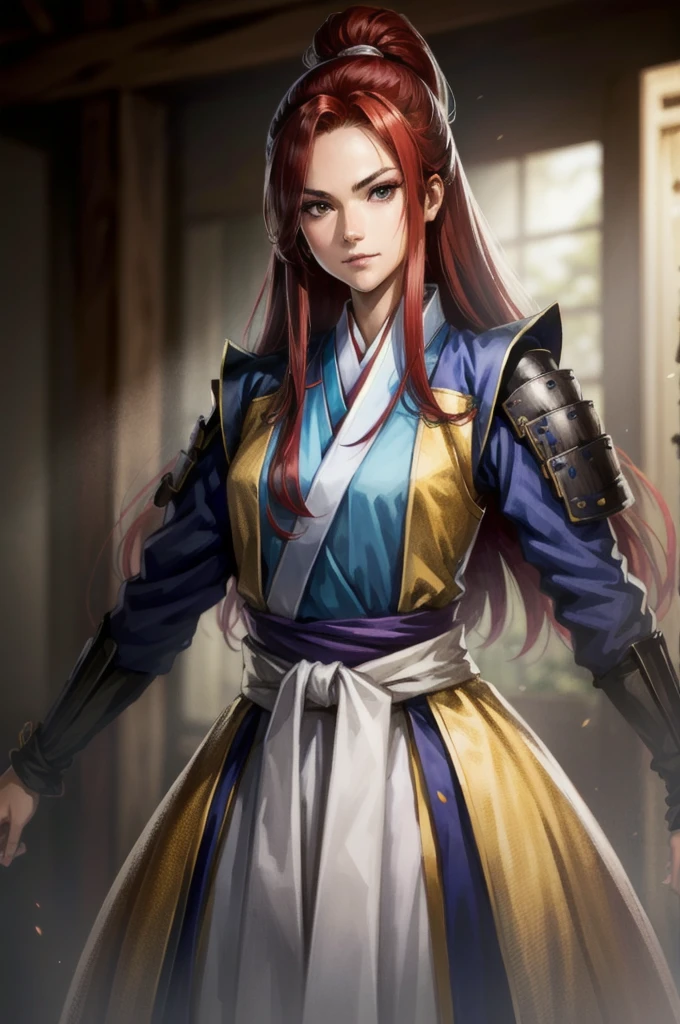 Armored1People Women, Sad, Hanfu, Tight waist, Long red hair that isn't tied up, Her presence itself is captivating., Gentle expression, Thin eyebrows, anime style, motion blur, cowboy shot, UHD, retina, masterpiece, accurate, anatomically correct, textured skin, super detail, high details, high quality, award winning, best quality, highres