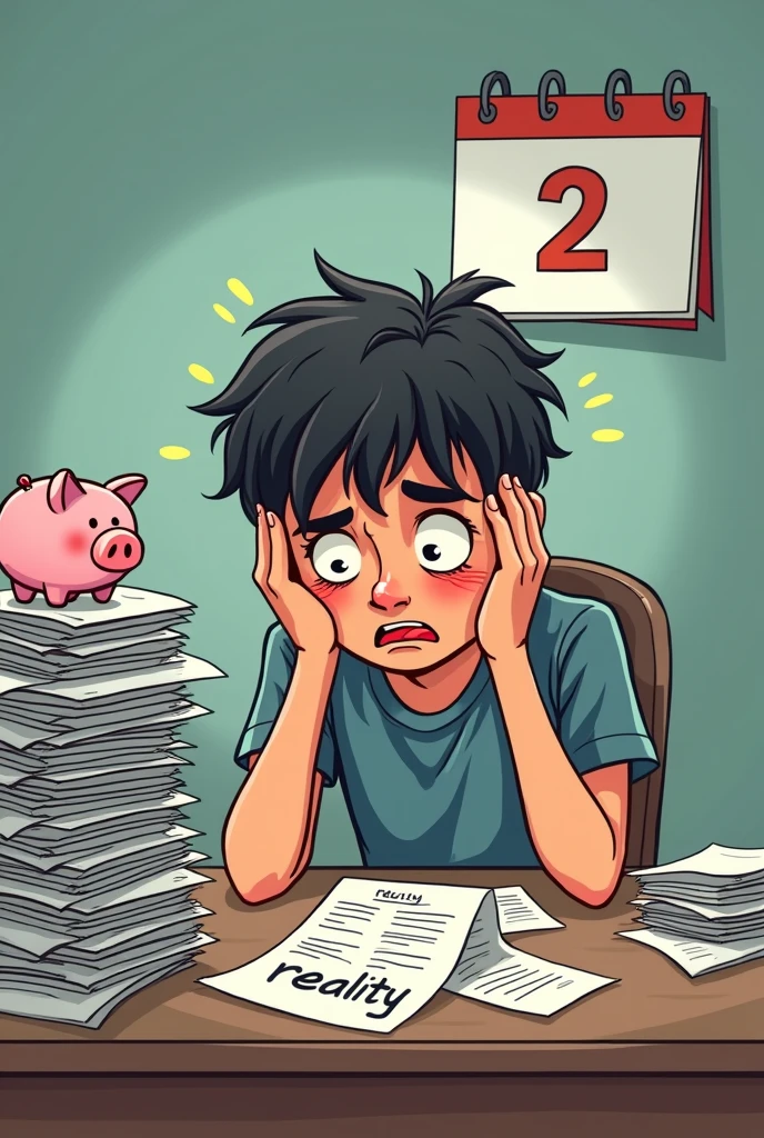 A cartoon image of a young person sitting at a desk with a massive stack of overdue bills labeled "Reality" on one side and a tiny piggy bank labeled "$NRM" on the other. They’re holding a coin above the piggy bank, sweating profusely, while a calendar in the background reads “2.”