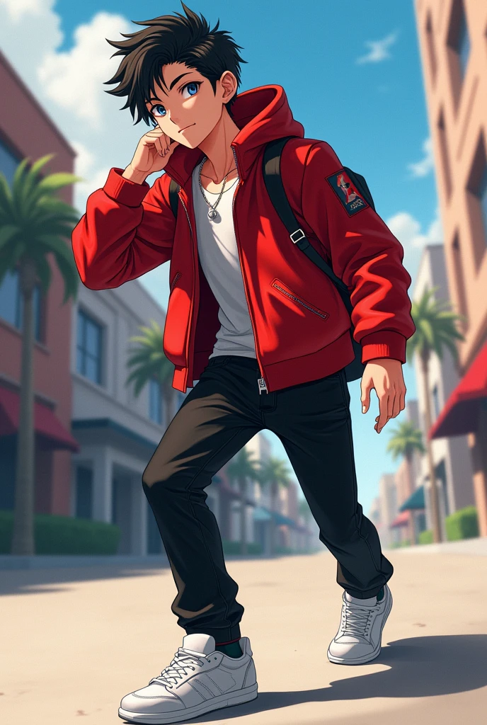 Anime handsome boy red jacket black pant white sneakers
