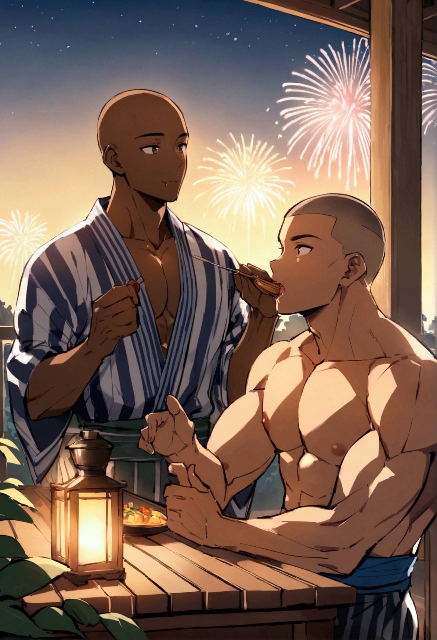 Highest quality、Midsummer evening、Short Hair、Sports haircut、Two muscular men wearing yukatas happily eating on the veranda、Pectoralis major、Abdominal muscles、Brown skin、Shaved head、firework