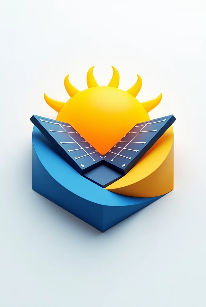 A logo for a solar panel company, the fusion between the sun and a solar panel with blue and yellow details in 3D