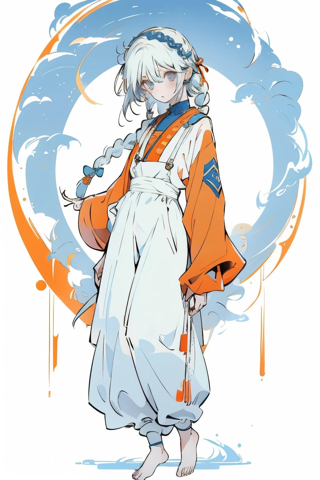 1 Girl, Orange sleeves, White hair, White skin, Light blue hair accessories, Blue suspenders, Blue clothes, Light blue eyes, barefoot, Double braid