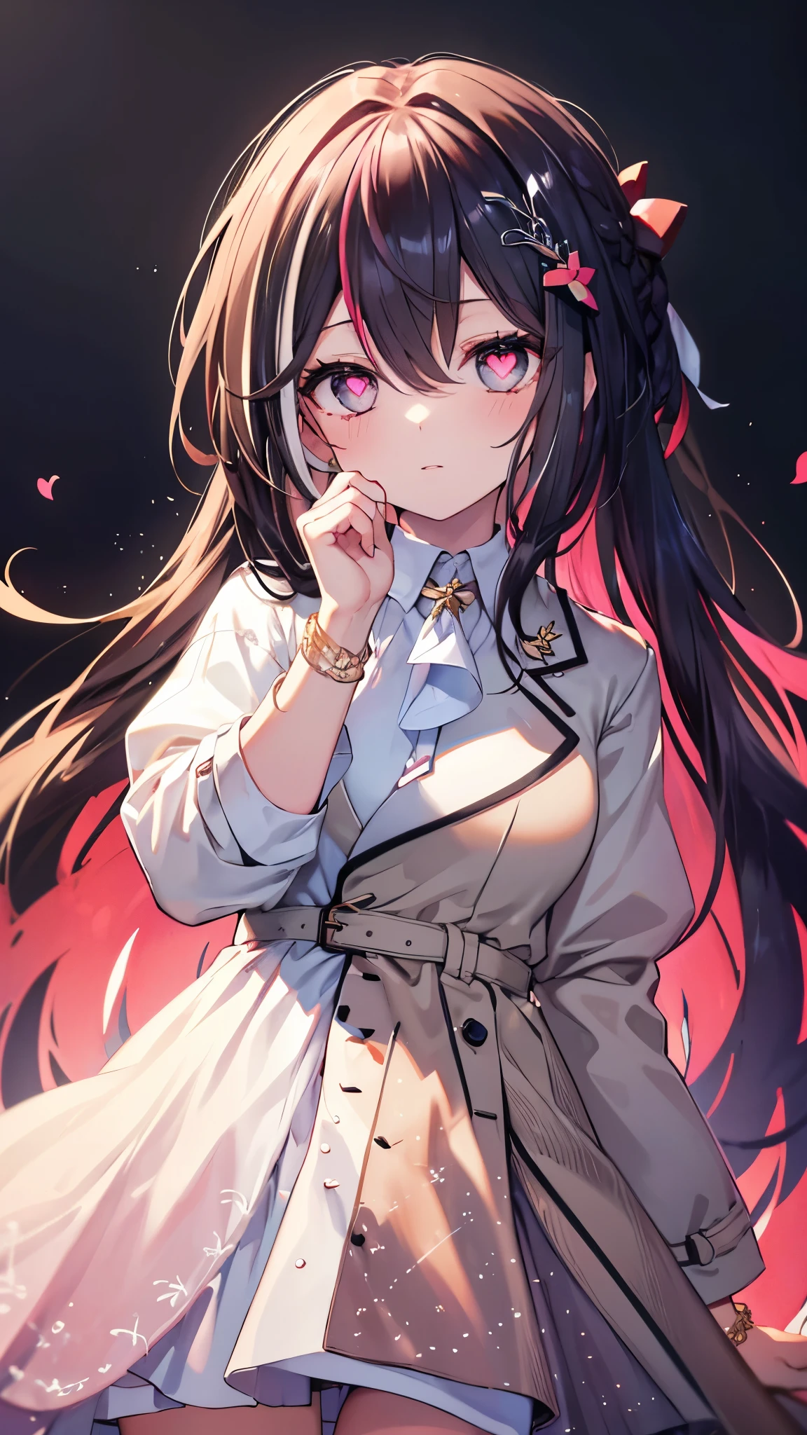 (Highest quality:1.2), (Very detailed:1.2),(masterpiece:1.2),(8k:1.2),(Blessed,Captivating body、Very thin needles、Very beautiful eyes、Very detailedな肌、Very detailed顔,Detailed Background), azki_(hololive), 1girl, 独奏, multicolored hair, pink hair, purple eyes, black hair, dress, hair between eyes, white dress, brown dress, brown jacket, jewelry, long sleeves, x hair ornament, bangs, bracelet, very long hair, streaked hair, hairclip, heart-shaped_pupils