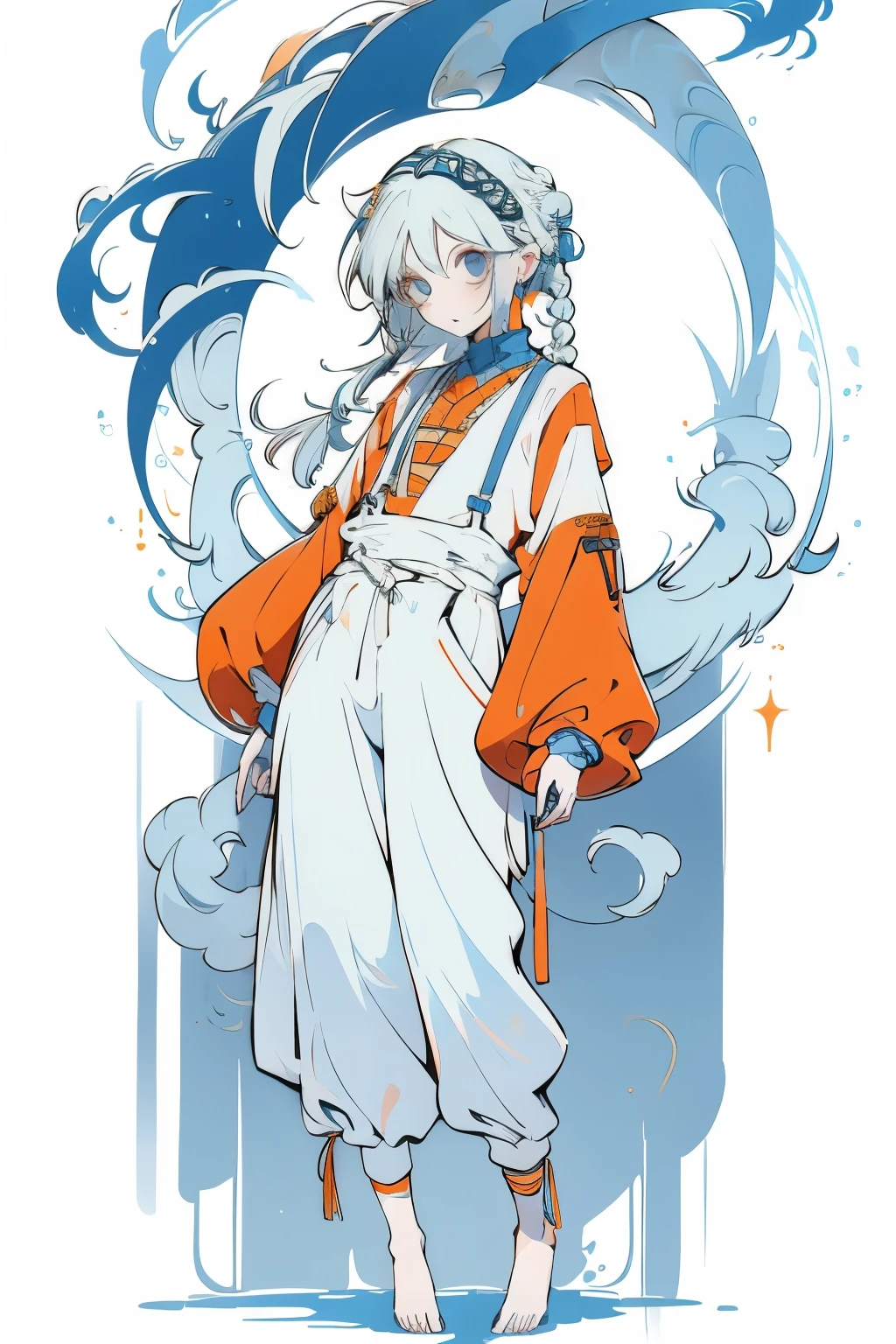 1 Girl, Orange sleeves, White hair, White skin, Light blue hair accessories, Blue suspenders, Blue clothes, Light blue eyes, barefoot, Double braid