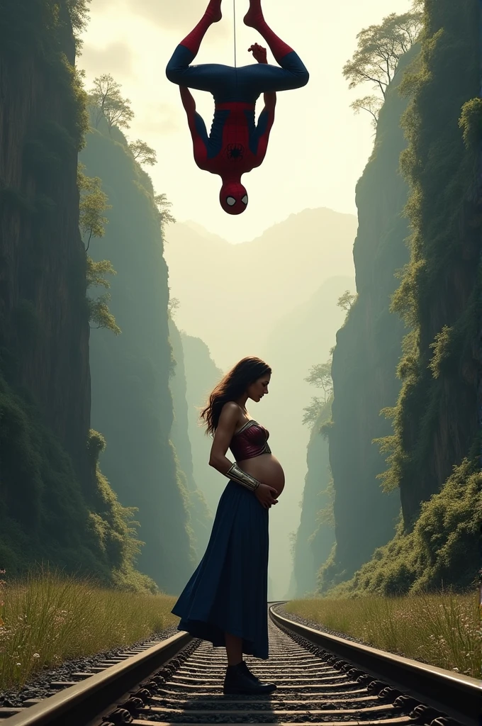 This image shows a unique and artistic combination of characters. In the scene, Spider-Man is hanging upside down in his iconic pose from the train tracks, while a pregnant Wonder Woman stands below, gently touching her belly and looking up at him. The background features a scenic train route surrounded by tall, green cliffs, adding a dramatic and surreal atmosphere to the composition.