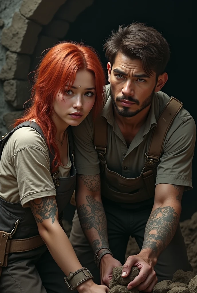 a couple of miners, she with red hair , piercing no nariz , he with dark brown hair , short beard some tattoos on his arm and hers