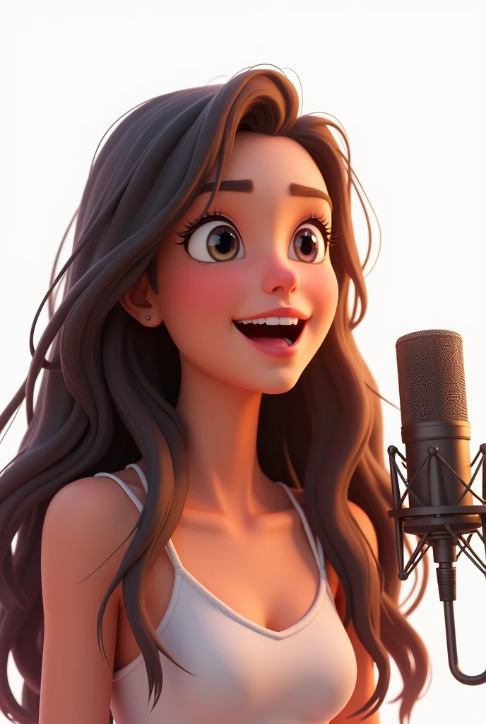 Beautiful girl singing in front of a recording microphone, background is white, animation