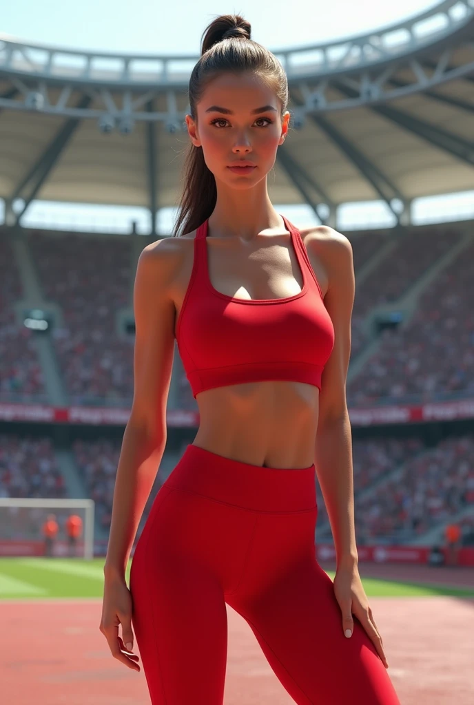 Belle fille en tenue de gyme rouge, elle est dans un stade rempli