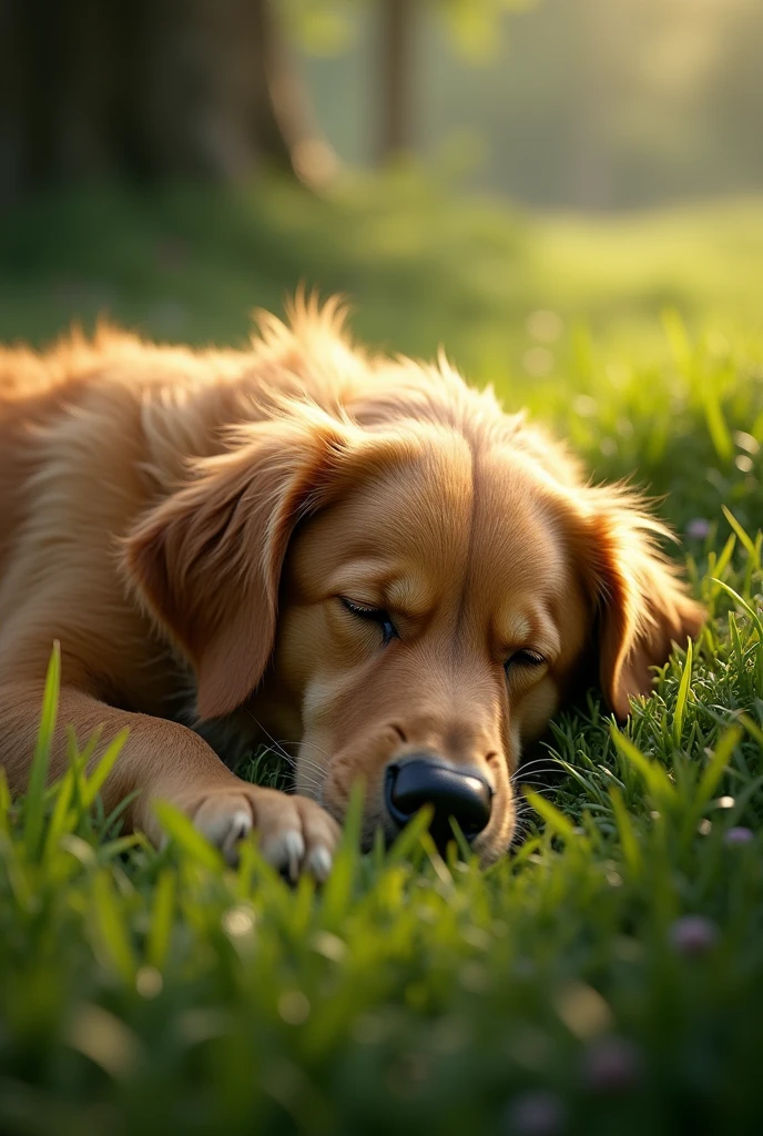 Golden Retriever、Are sleeping、Realistic fur、Realistic grass、Realistic、raw、Photorealistic、