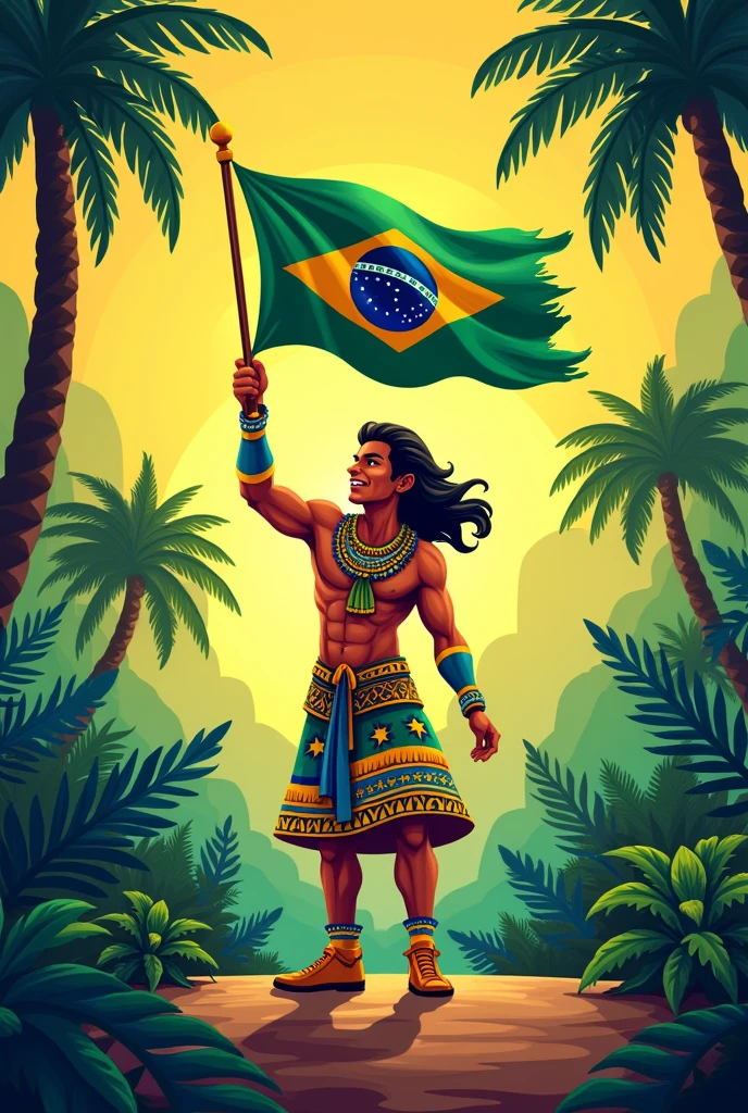 I want a brand logo image ,Brazilian style with a Brazilian character holding the Brazilian flag and with the dimensions of a logo brand