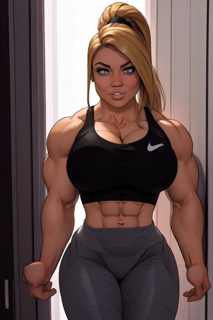 Best_QualityPos, RAW photo, intricate details, best quality, 8k uhd, bright lighting, 1girl, solo, beefy blonde personal bodyguard, (looking with reverence), ponytail hairstyle, Dunja Bitar, in a tight tactical wear, in front of home door, bulky muscular female, top filled too tight, fake tits pressed in a too tight top (breast implants, fake , unaligned breasts, perfectly round breasts), with taut top fabric stretching over chest, in a sexy pose, big breast implants, extremely huge thighs