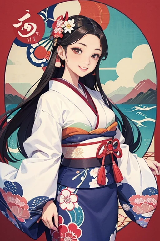 A beautiful woman smiles and shows her upper white teeth、Vividly colored Japanese Ukiyo-e style illustrations、(SeaArt creates stunning illustrations of beautiful women in kimono)、Brown-black long hair、Beautiful full body style、Let&#39;s dance a little Tokyo Ondo Yoiyoi、Beautiful digital painting,、Bright vibrant digital anime art、 Detailed digital anime art、 Beautiful anime portraits、background、Torii gate of a shrine in Kyoto, Japan、Detailed CG、
