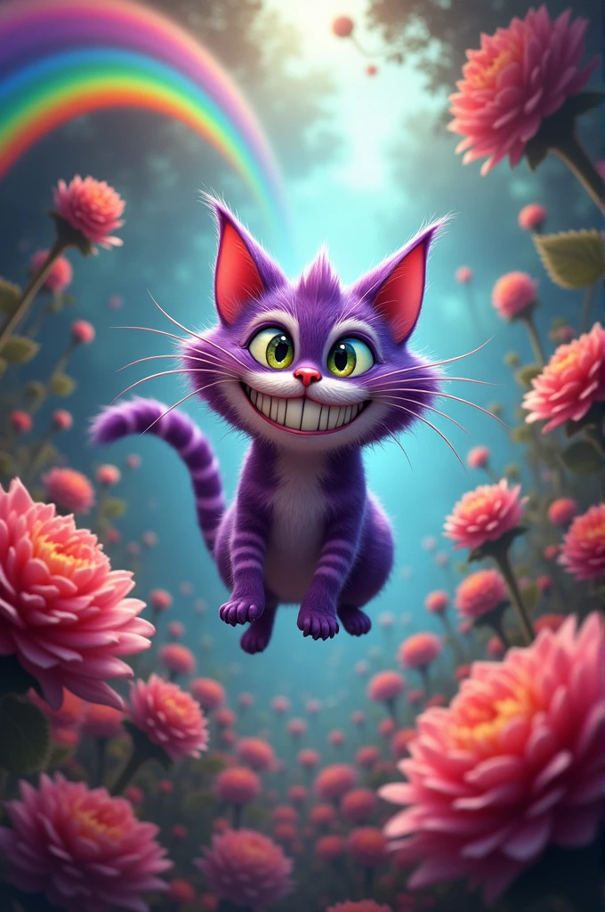 Cheshire cat laughing amidst rainbows and beautiful flowers

