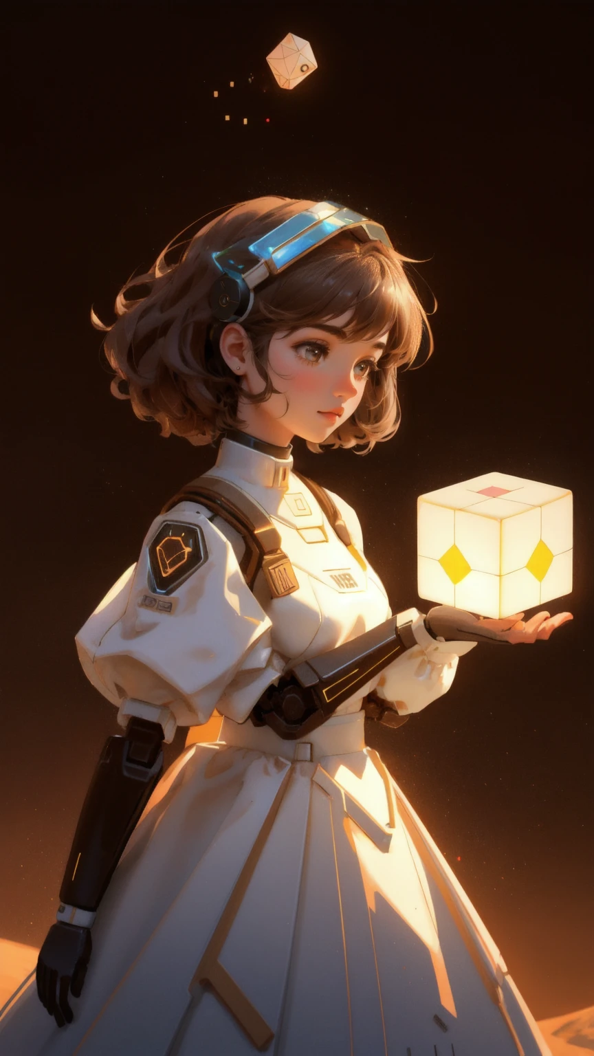 A cute, beautiful girl robot with an open dome head, releasing floating GM cubes into the air. The girl robot stands on a mound of brown dirt, with the background fully in brown tones, creating a warm, sandy atmosphere. The scene is detailed, with the flying cubes glowing slightly as they disperse from her open head. The overall image combines a futuristic, mechanical aesthetic with a playful, whimsical touch, maintaining a brown-themed background to match the setting
