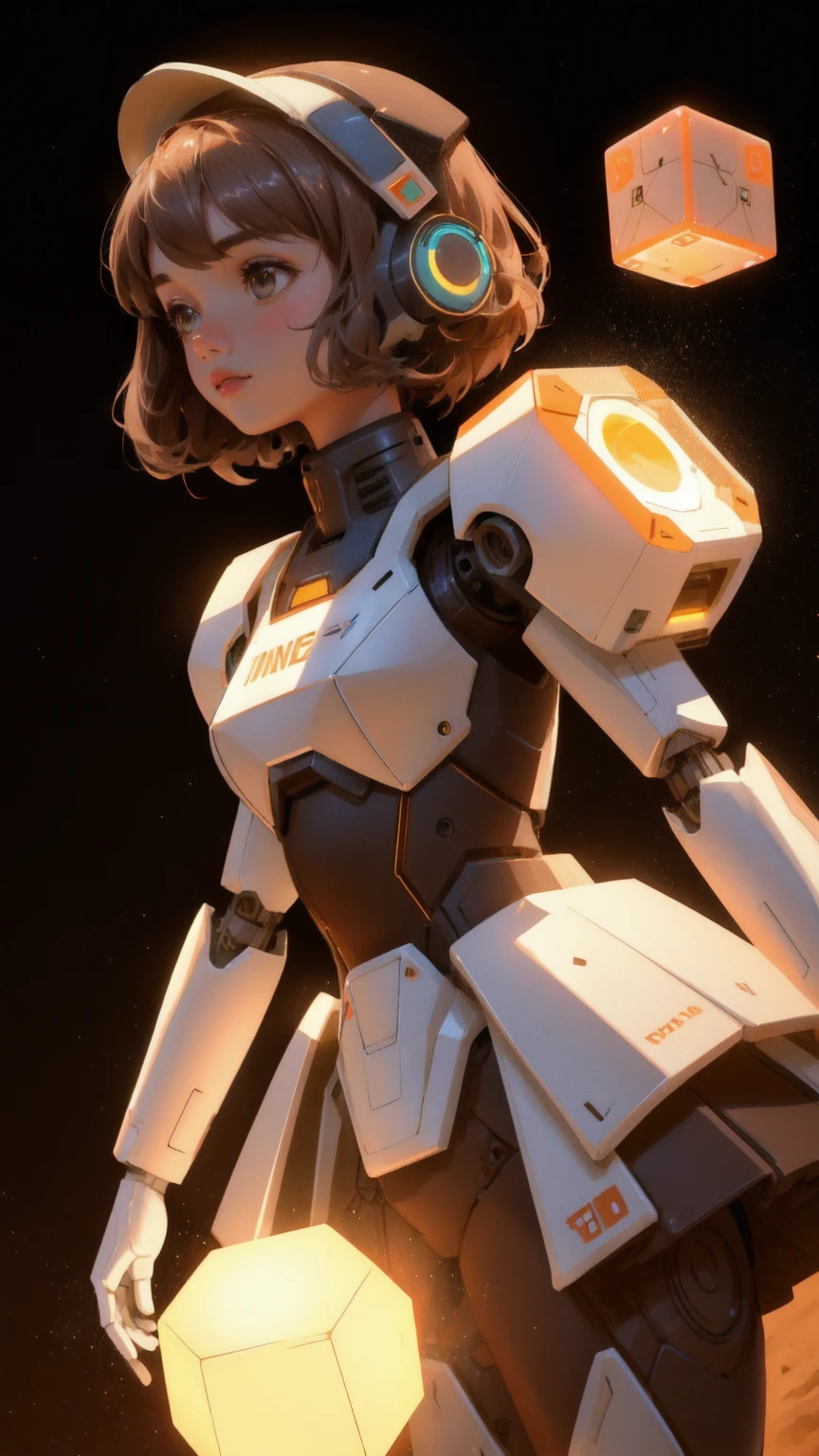 A cute, beautiful girl robot with an open dome head, releasing floating GM cubes into the air. The girl robot stands on a mound of brown dirt, with the background fully in brown tones, creating a warm, sandy atmosphere. The scene is detailed, with the flying cubes glowing slightly as they disperse from her open head. The overall image combines a futuristic, mechanical aesthetic with a playful, whimsical touch, maintaining a brown-themed background to match the setting