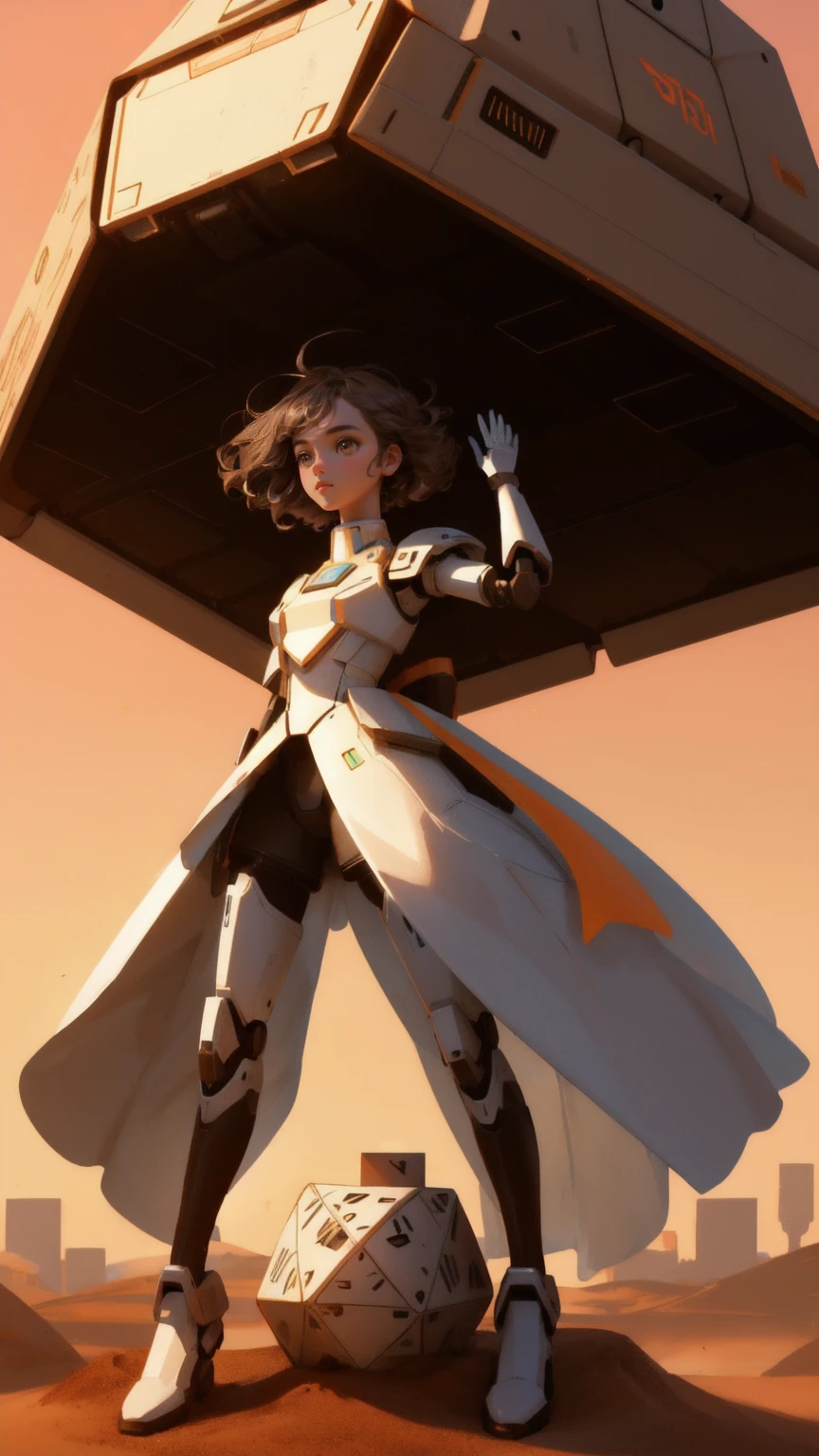 A cute, beautiful girl robot with an open dome head, releasing floating GM cubes into the air. The girl robot stands on a mound of brown dirt, with the background fully in brown tones, creating a warm, sandy atmosphere. The scene is detailed, with the flying cubes glowing slightly as they disperse from her open head. The overall image combines a futuristic, mechanical aesthetic with a playful, whimsical touch, maintaining a brown-themed background to match the setting