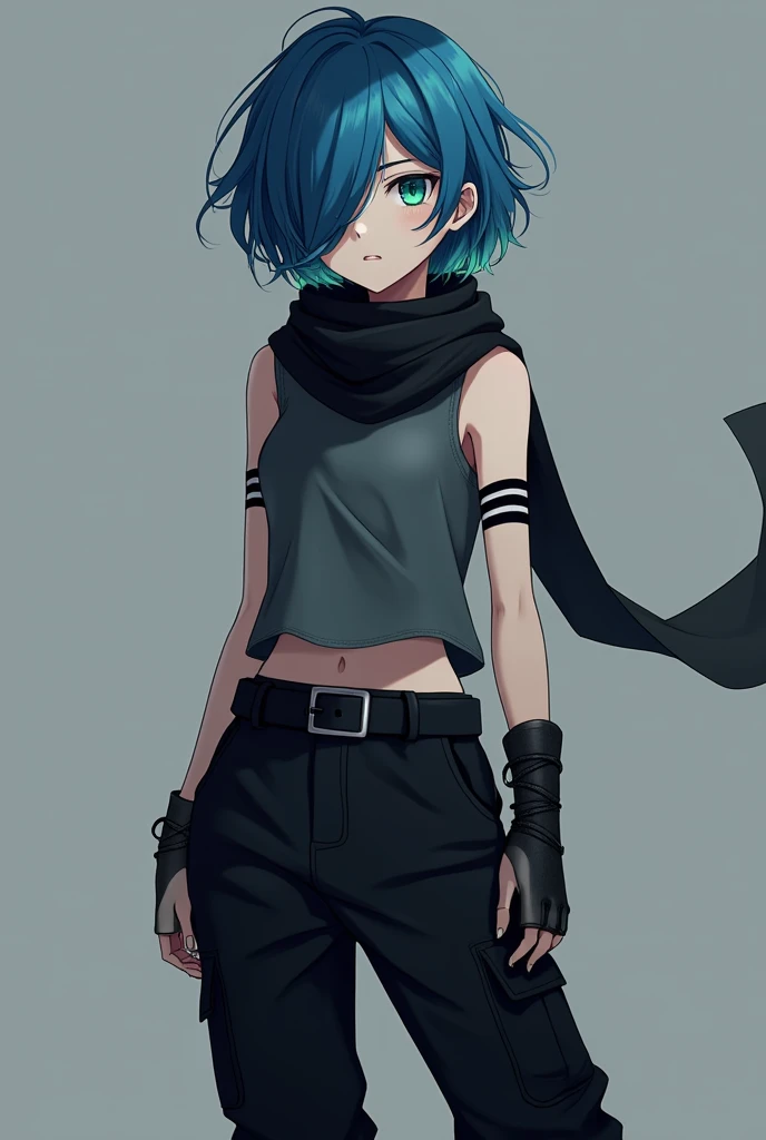 a girl wears black scarf, sleeveless gray turtleneck with black stripes at the end of shoulders, black belt, black jogger cargo pants, black combat boots. She has blue short hair, her bangs is covered her left eye, teal color eyes. in anime art style