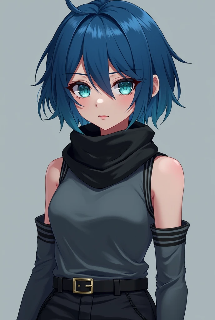 a girl wears black scarf, sleeveless gray turtleneck with black stripes at the end of shoulders, black belt, black jogger cargo pants, black combat boots. She has blue short hair, her bangs is covered her left eye, teal color eyes. in anime art style