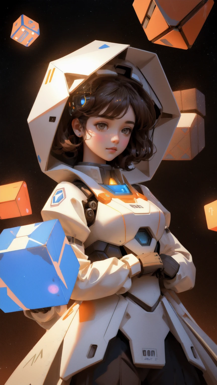 A cute, beautiful girl robot, labeled as the 'GM Generator,' with an open dome head, releasing floating GM cubes into the air. The girl robot stands on a mound of brown dirt, with the background fully in brown tones, creating a warm, sandy atmosphere. The scene is detailed, with the flying cubes glowing slightly as they disperse from her open head. The overall image blends a futuristic, mechanical aesthetic with a playful, whimsical touch, emphasizing the 'GM Generator' theme while maintaining a brown-themed background to match the setting.
