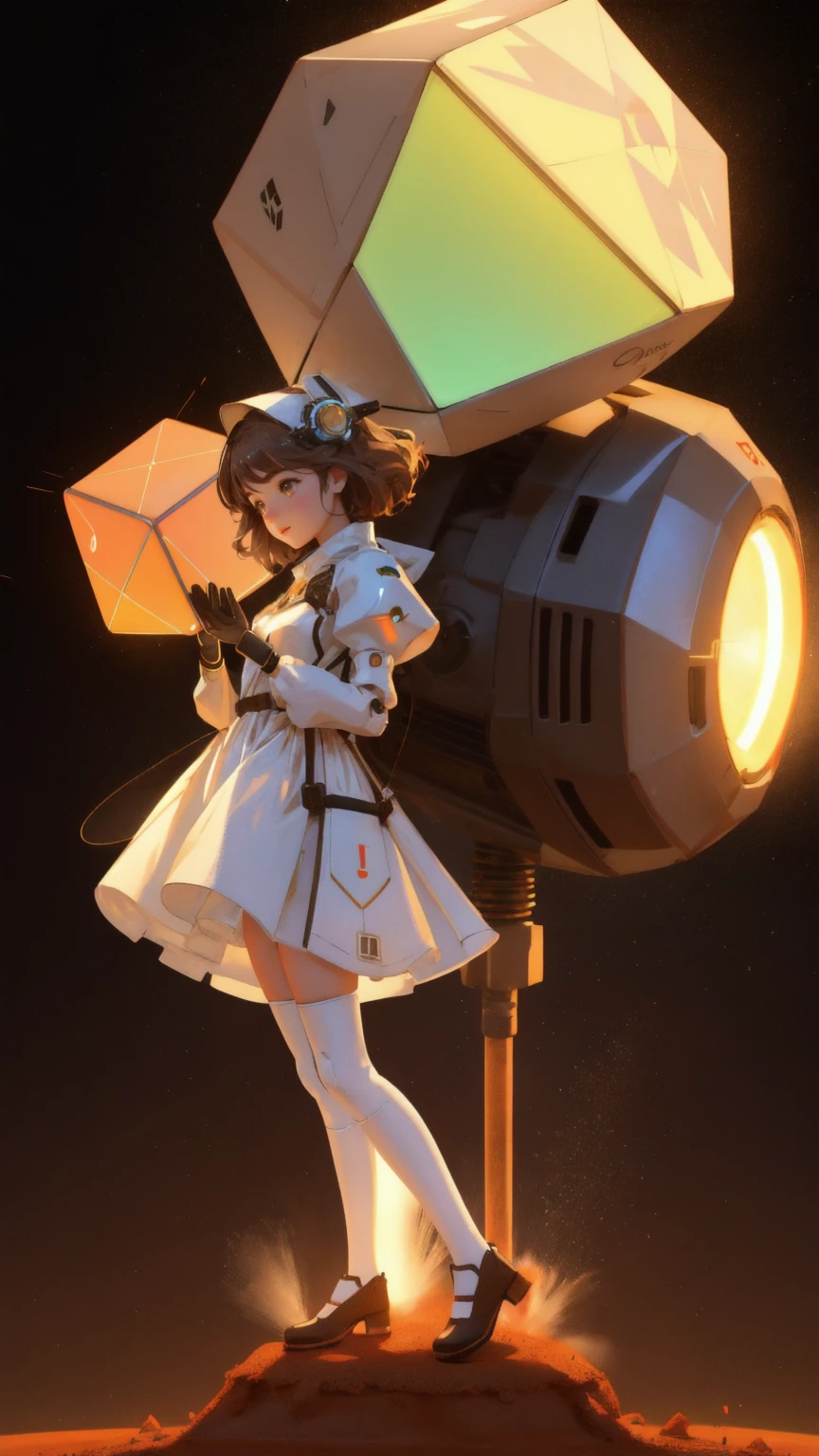 A cute, beautiful girl robot, labeled as the 'GM Generator,' with an open dome head, releasing floating GM cubes into the air. The girl robot stands on a mound of brown dirt, with the background fully in brown tones, creating a warm, sandy atmosphere. The scene is detailed, with the flying cubes glowing slightly as they disperse from her open head. The overall image blends a futuristic, mechanical aesthetic with a playful, whimsical touch, emphasizing the 'GM Generator' theme while maintaining a brown-themed background to match the setting.