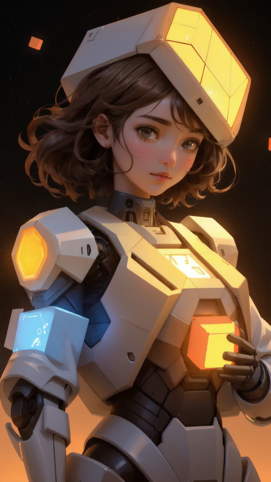 A cute, beautiful girl robot, labeled as the 'GM Generator,' with an open dome head, releasing floating GM cubes into the air. The girl robot stands on a mound of brown dirt, with the background fully in brown tones, creating a warm, sandy atmosphere. The scene is detailed, with the flying cubes glowing slightly as they disperse from her open head. The overall image blends a futuristic, mechanical aesthetic with a playful, whimsical touch, emphasizing the 'GM Generator' theme while maintaining a brown-themed background to match the setting.