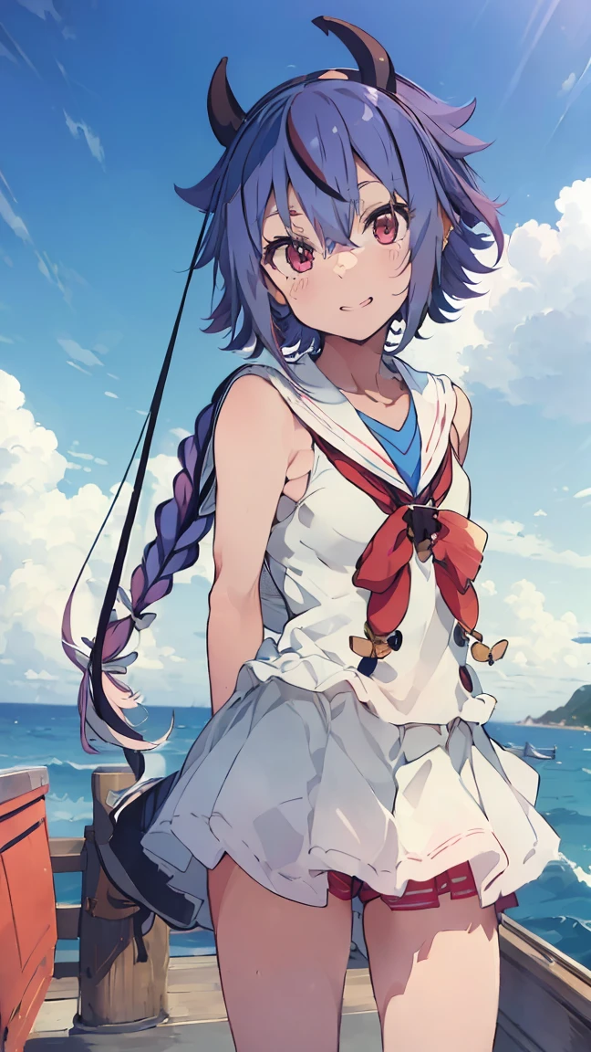 masterpiece, Highest quality, High resolution, Very detailed,(((Mikoto Naruka))), (((smile)))、(((Standing in the distance))), (((On the boat))), (((Ocean))), (((Wearing a sailor suit。))), (((Multicolored Hair))), (((horn))), (((Pink Eyes)))