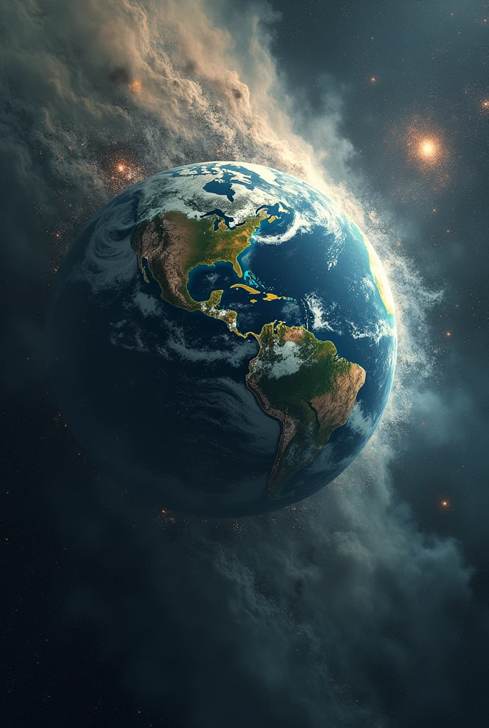 A catastrophic view of Earth’s destruction, with broken landmasses and oceans dispersing into the void, surrounded by swirling space debris.
