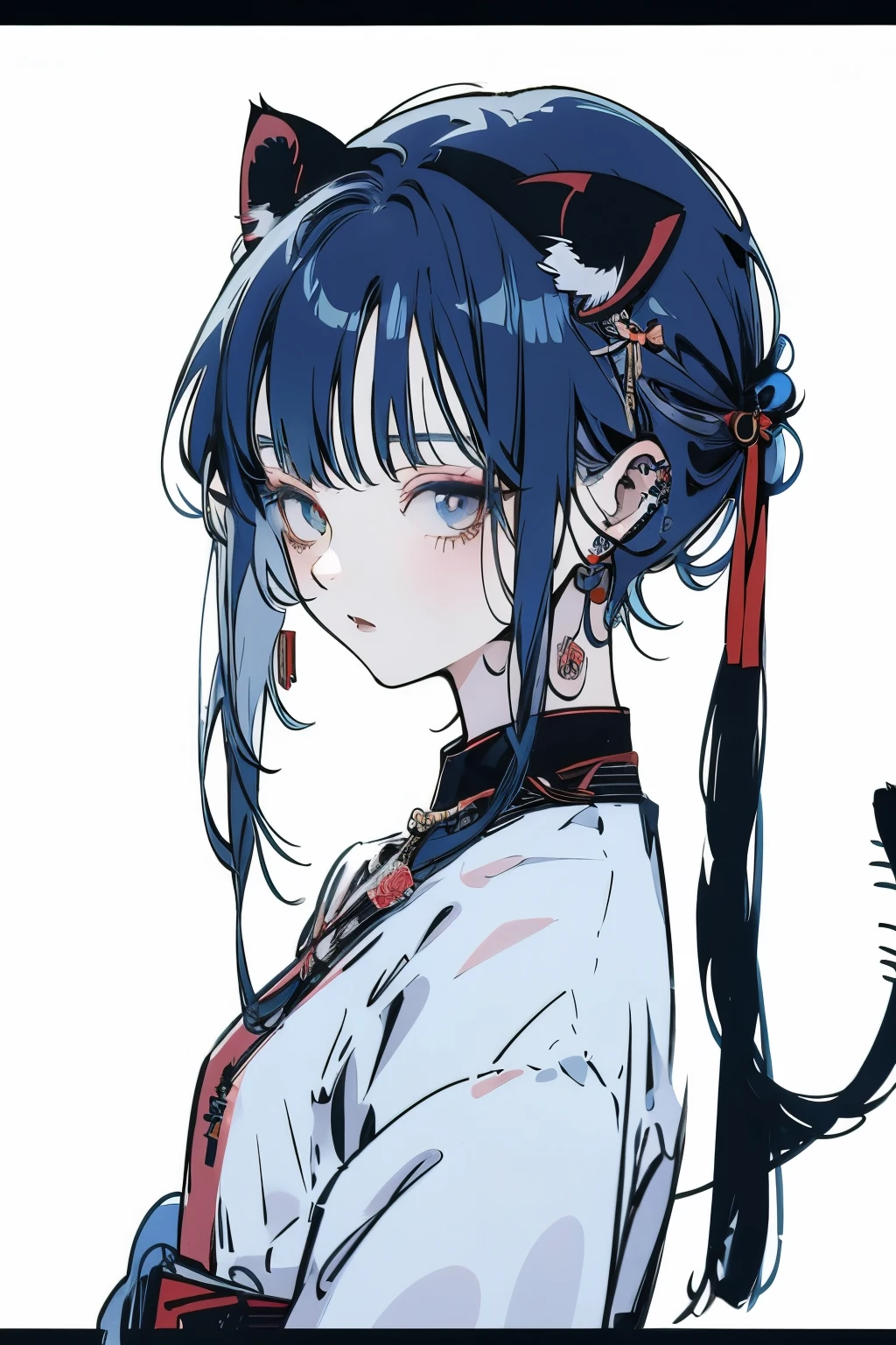 Anime Girl，Blue hair and ears，There is a cat ear、