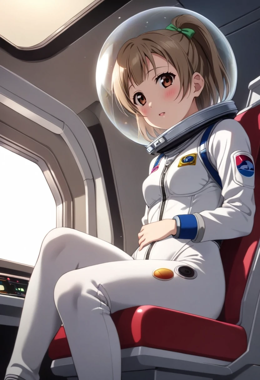 (Spacesuit:1.15), White Cargo Pants, Space Helmet , , indoor, masterpiece, Highest quality, 1人of, alone, short hair, , , , , Bodysuits,Backpack, From below, baburuherumetto, short hair, internal (cockpit) of (Spaceship:1.6), , blush,Sit on a chair, Covered navel, short hair, Stingy, From slim,Small breasts,Minami Kotori , Love Live! School Idol Project, from side