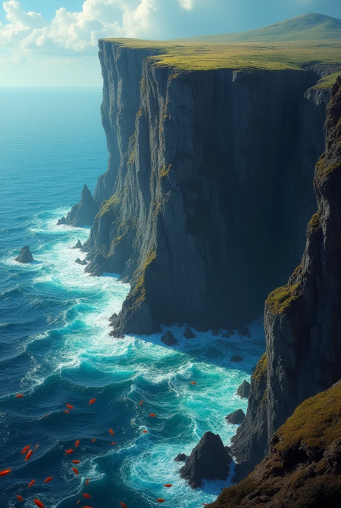A cliff with a sea full of fish