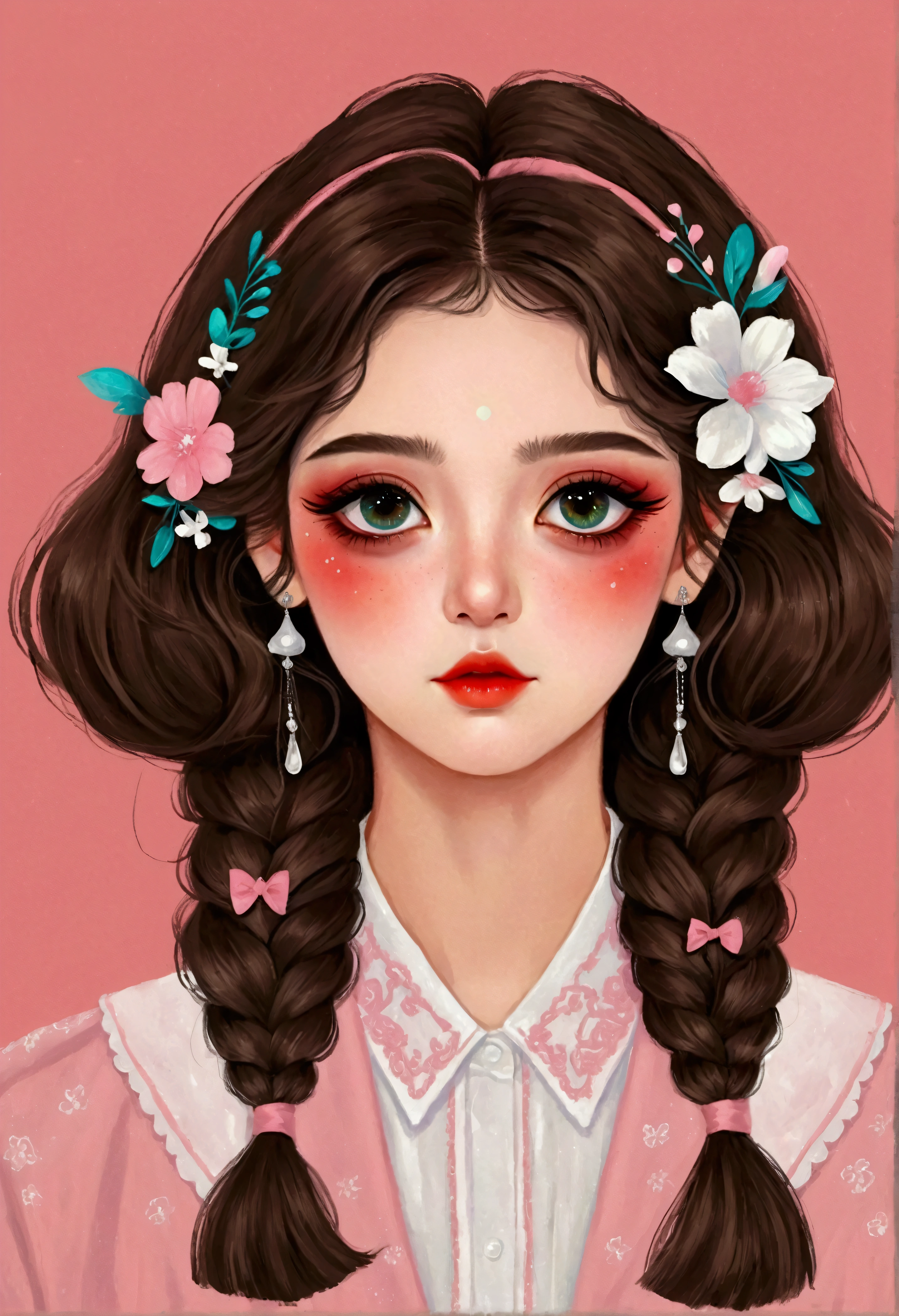 Hand-drawn style，Digital Art Girl Portrait，solitary，symmetry，Gradient hair，Colorful big eyes，Fashionable and exquisite facial features，Exquisite makeup，Beautiful hairstyle，hairpin，Epaulettes，Clean and simple background