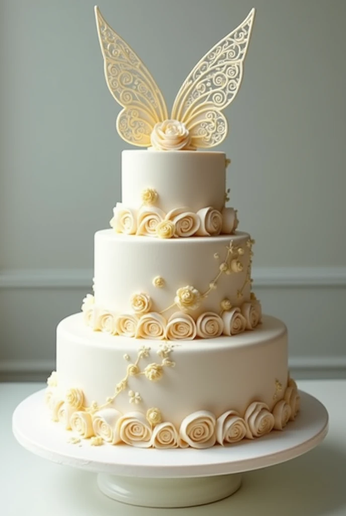 Make a realistic three-tier birthday cake, with decoration inspired by the Rosetta from the Tinkerbell movie.