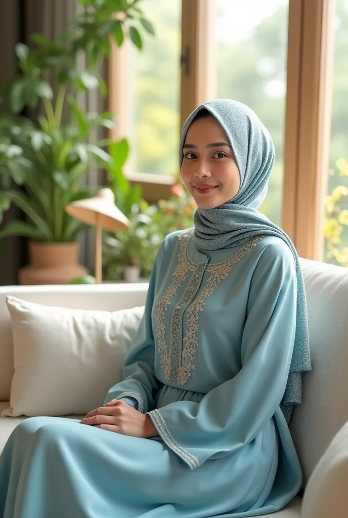 An indonesian beautifull women, 2. Sitting on the white sofa, wearing gamis-dress soft blue with motif, long hijab pattern, smyling thinly to the camera, indors, windows with sunlighgt, baground plants, flowers, lamp, aestetict room, cozy room, relax, focus, realistic 5D 8K