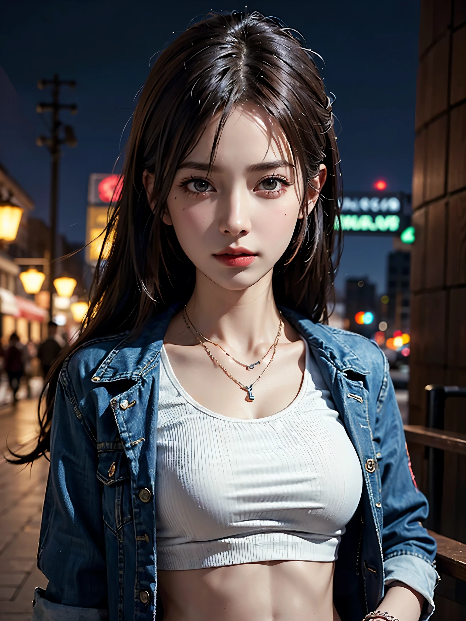 Aya Brea, One person, 一人in, Crop top jacket, bracelet, necklace, Looking_in_Audience, Realistic, upper_body, (masterpiece:1.2), (Highest quality), (Super detailed), (8k, 4K, intricine), (Very detailed:1.2),(Detailed face:1.2), (Urban Background), (Ultra HD Wallpaper)