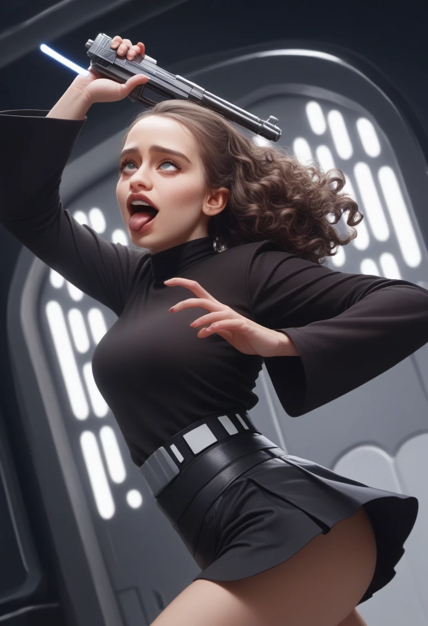 obra maestra, mejor calidad, Emilia Clarke as Qi'ra, brunette curly long hair, mid shot, running in a futuristic star wars room throne near a window at night, ajegao face, wide open eyes, wears a mini red mini skirt , dark side star wars sith, misterious, masterpiece, 8k, dinamic pose, holding a star wars gun, sensual, 