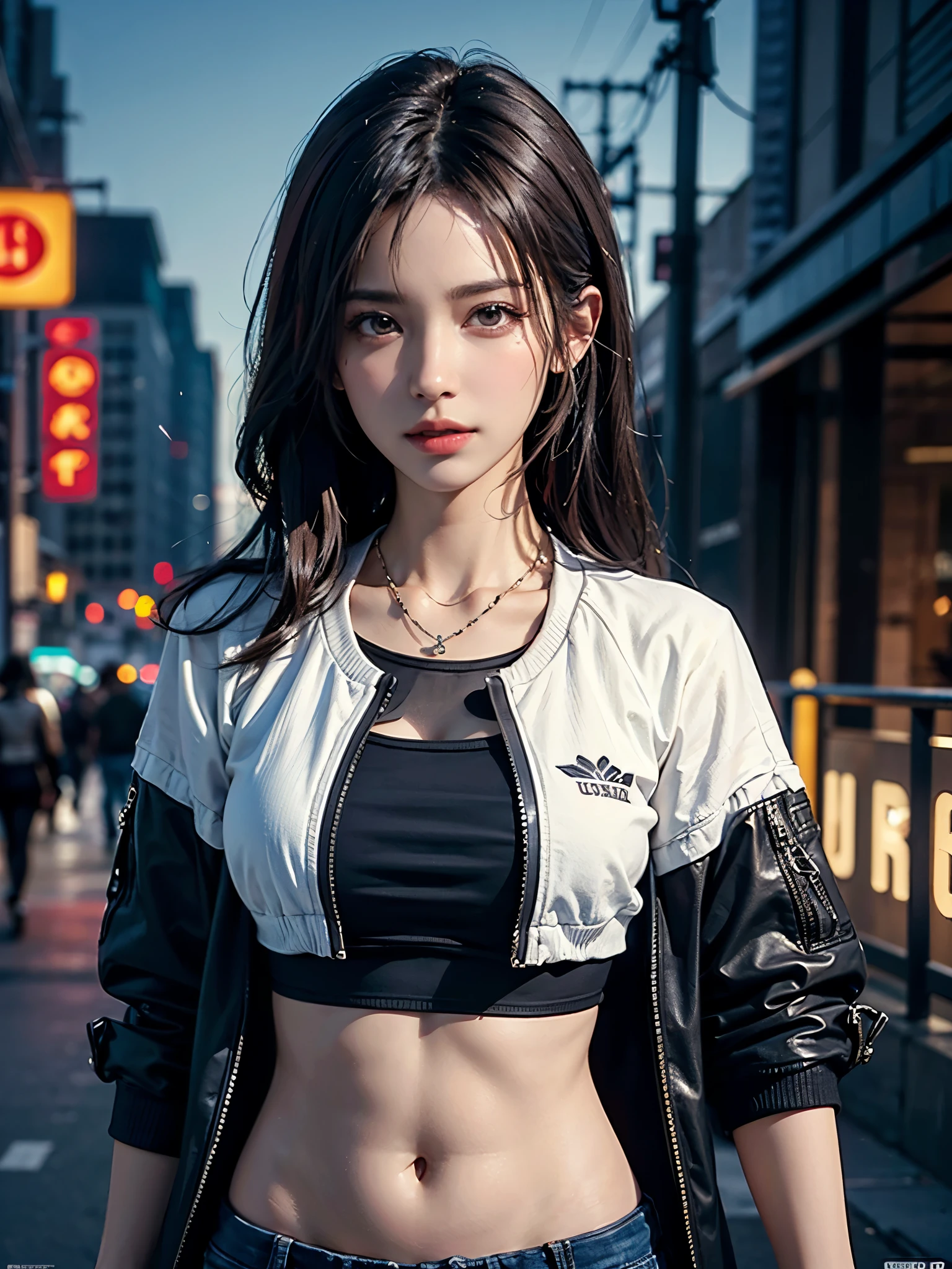 Aya Brea, One person, 一人in, Crop top jacket, bracelet, necklace, Looking_in_Audience, Realistic, upper_body, (masterpiece:1.2), (Highest quality), (Super detailed), (8k, 4K, intricine), (Very detailed:1.2),(Detailed face:1.2), (Urban Background), (Ultra HD Wallpaper)