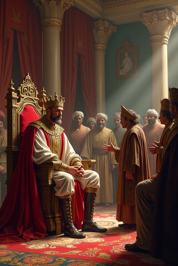 The king listening intently to the merchant's complaint, with courtiers and advisors surrounding him in the court.