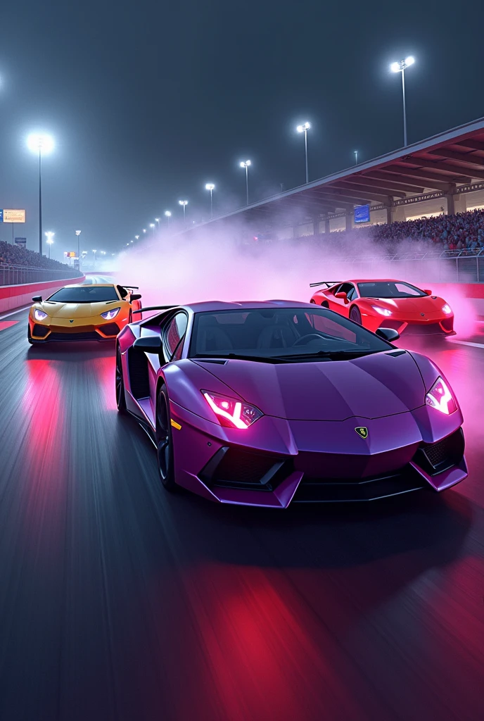 Purple, yellow and red cars、Drifting、Brake marks、The car lights are on、During the race、Realistic texture、high resolution、Super detailed、