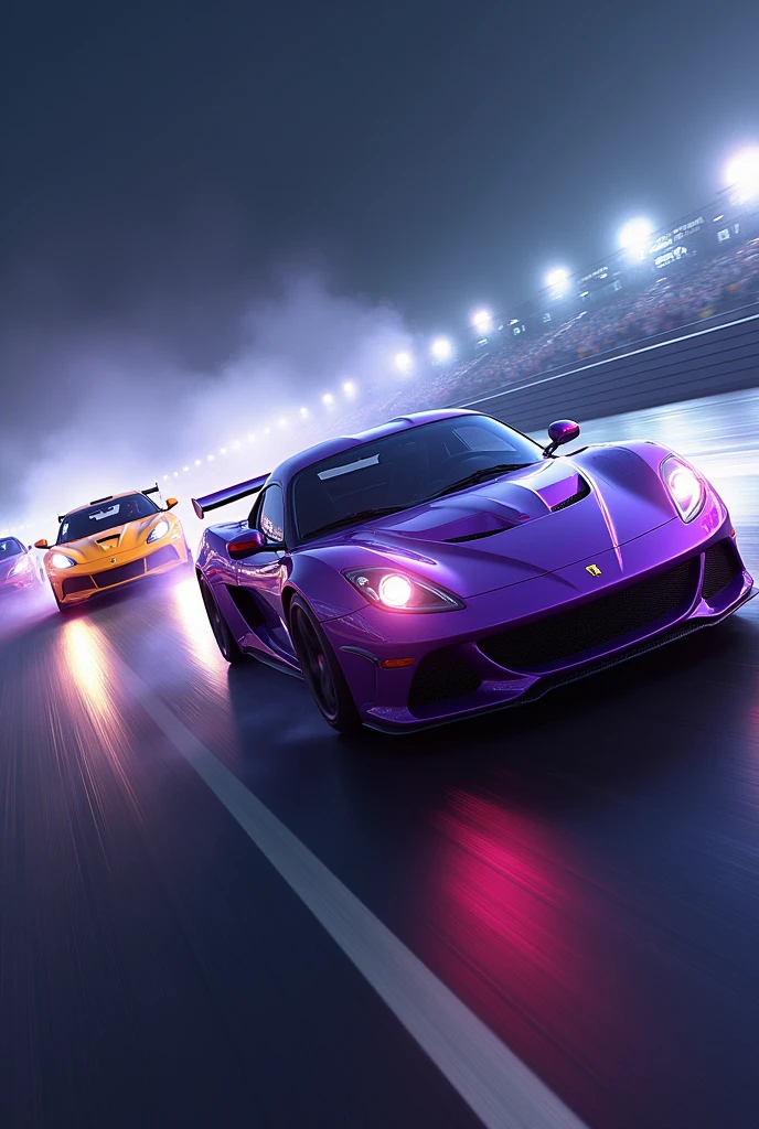 Purple, yellow and red cars、Drifting、Brake marks、The car lights are on、During the race、Realistic texture、high resolution、Super detailed、