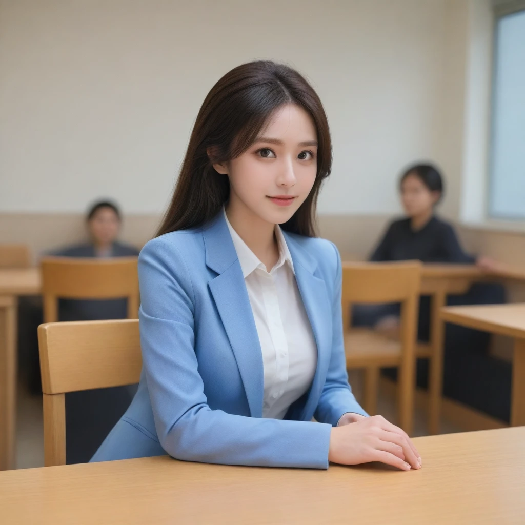 1woman,solo,28yo, beautiful, portrait, slender ,sitting at a table in a cafeteria , cinematic, dark night, upper body,8k, wearing a jacket and skirt, crossing legs,