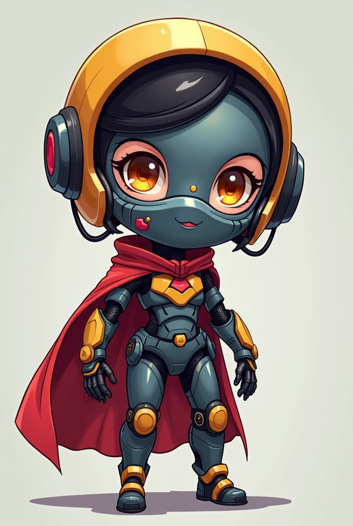 The picture shows a (adorable) A mechanic apprentice. Her gaze is piercing, and her face is hidden under a mask with monitors and LEDs. Graceful mechanical limbs complete her elegant appearance, and her outfit underlines her strength and uniqueness in the world of technology, Big head, adorable girl, red cape , Laugh, (((chibi)), full body, full length,